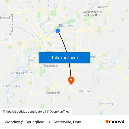Woodley @ Springfield to Centerville, Ohio map