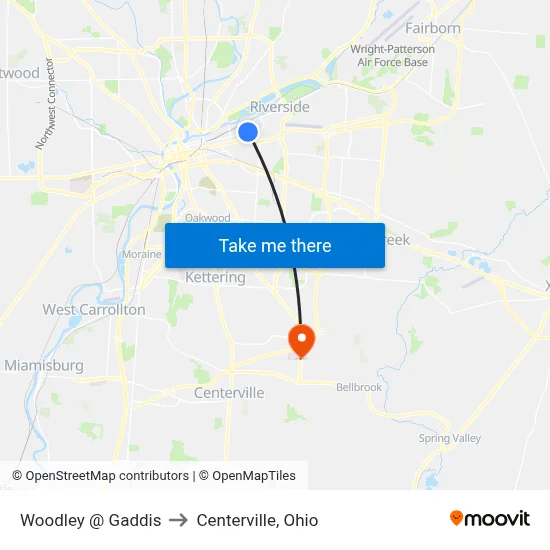 Woodley @ Gaddis to Centerville, Ohio map