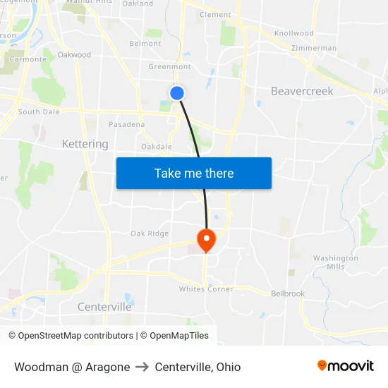 Woodman @ Aragone to Centerville, Ohio map