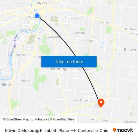 Edwin C Moses @ Elizabeth Place to Centerville, Ohio map