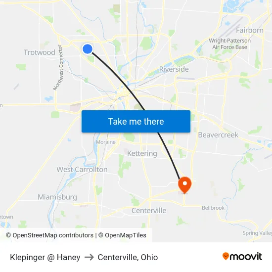 Klepinger @ Haney to Centerville, Ohio map