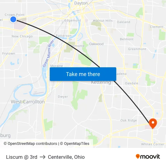 Liscum @ 3rd to Centerville, Ohio map