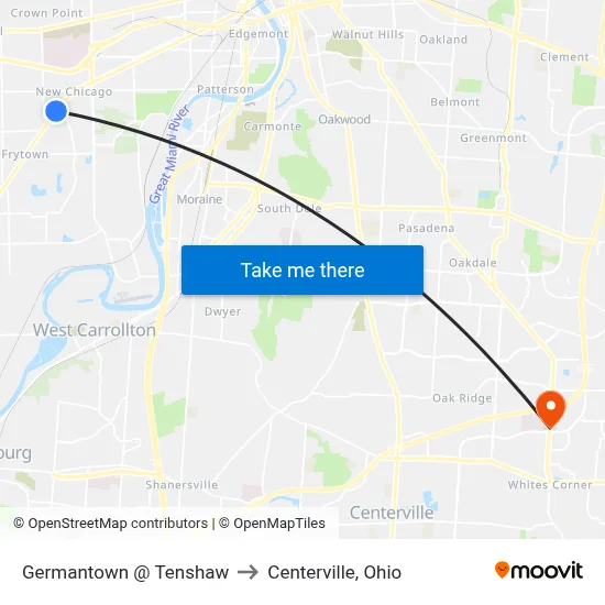 Germantown @ Tenshaw to Centerville, Ohio map