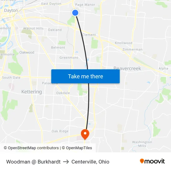 Woodman @ Burkhardt to Centerville, Ohio map