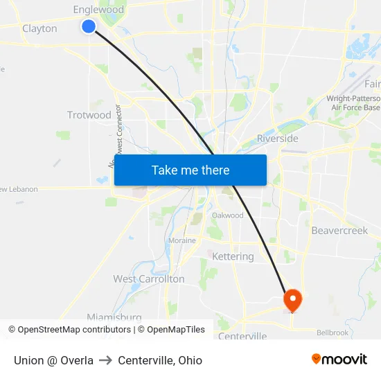 Union @ Overla to Centerville, Ohio map