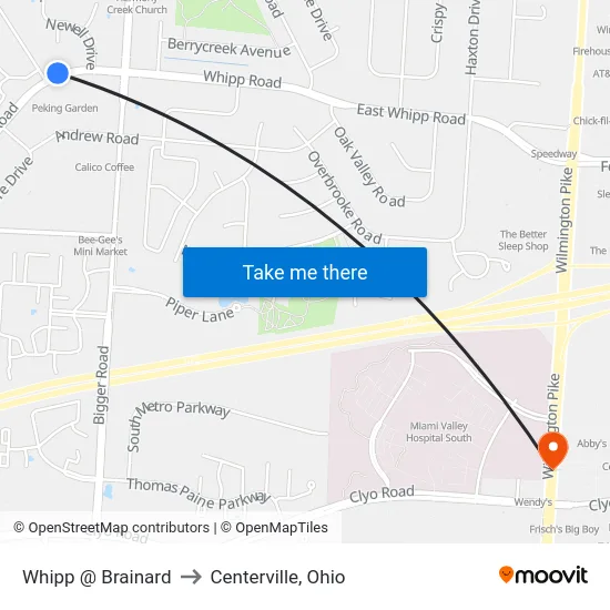 Whipp @ Brainard to Centerville, Ohio map