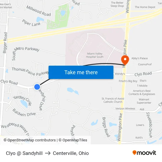 Clyo @ Sandyhill to Centerville, Ohio map