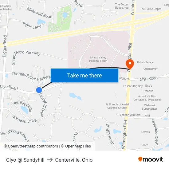Clyo @ Sandyhill to Centerville, Ohio map