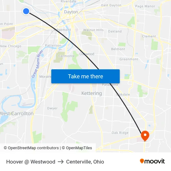 Hoover @ Westwood to Centerville, Ohio map