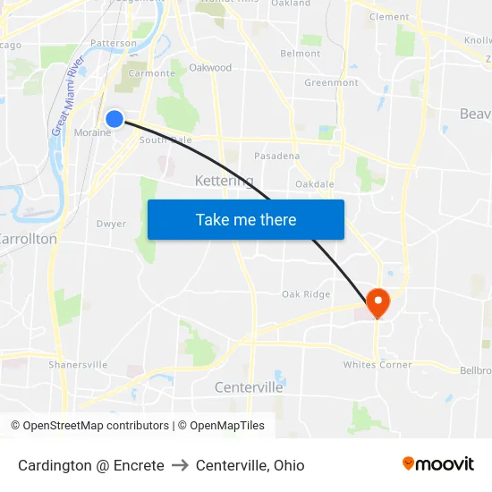 Cardington @ Encrete to Centerville, Ohio map