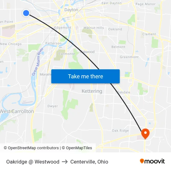 Oakridge @ Westwood to Centerville, Ohio map