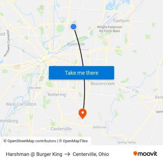 Harshman @ Burger King to Centerville, Ohio map