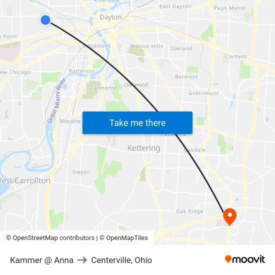 Kammer @ Anna to Centerville, Ohio map