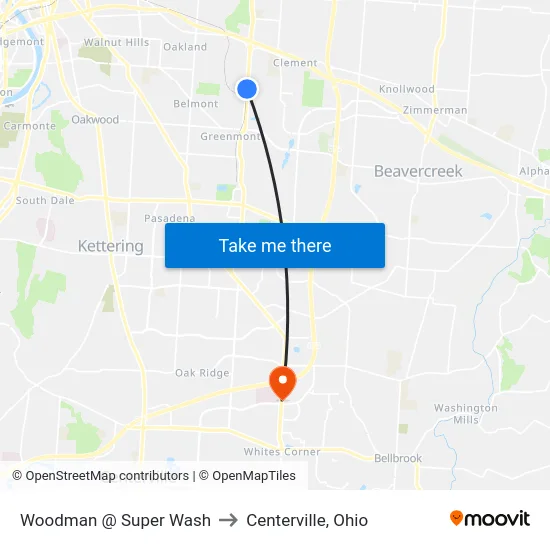 Woodman @ Super Wash to Centerville, Ohio map
