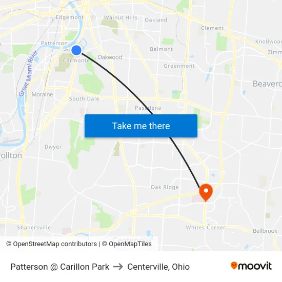 Patterson @ Carillon Park to Centerville, Ohio map