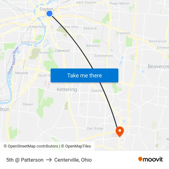 5th @ Patterson to Centerville, Ohio map