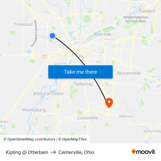 Kipling @ Otterbein to Centerville, Ohio map