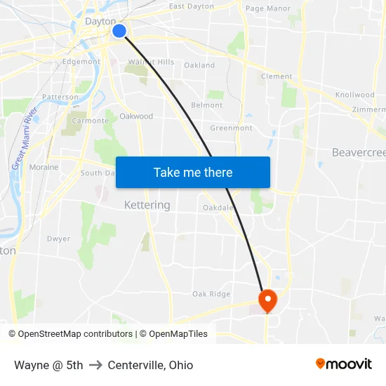 Wayne @ 5th to Centerville, Ohio map