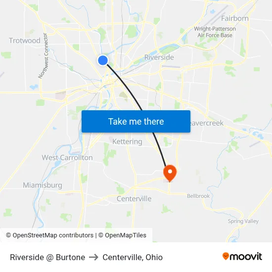 Riverside @ Burtone to Centerville, Ohio map