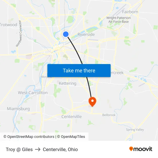 Troy @ Giles to Centerville, Ohio map