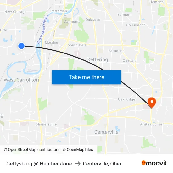 Gettysburg @ Heatherstone to Centerville, Ohio map
