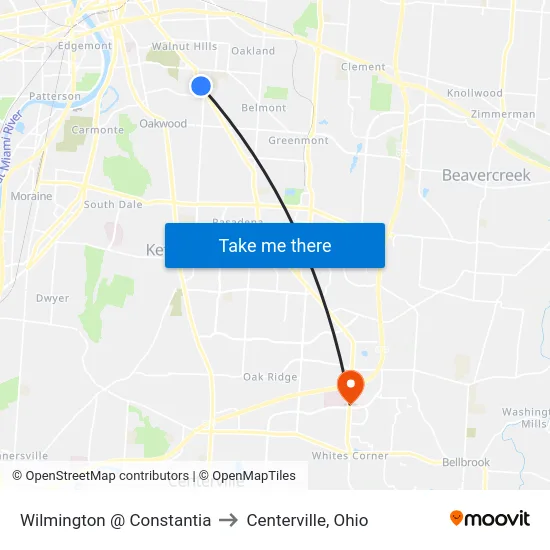 Wilmington @ Constantia to Centerville, Ohio map