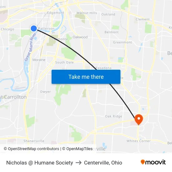 Nicholas @ Humane Society to Centerville, Ohio map