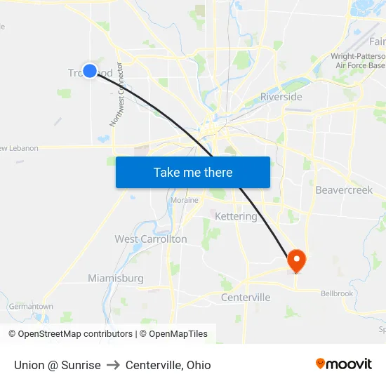 Union @ Sunrise to Centerville, Ohio map