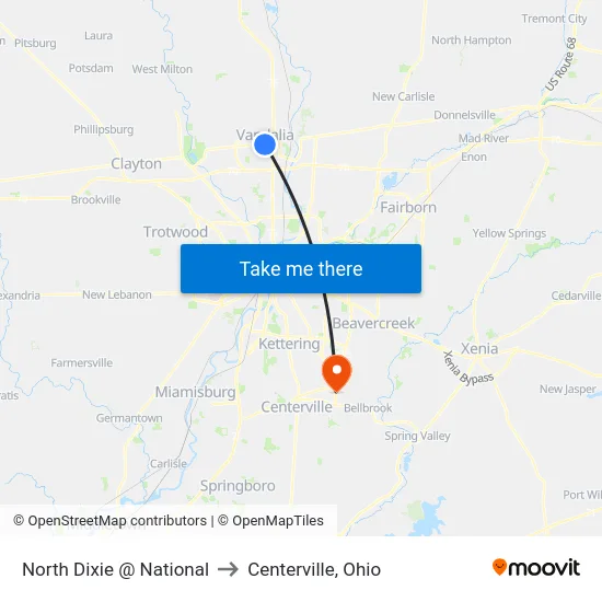 North Dixie @ National to Centerville, Ohio map