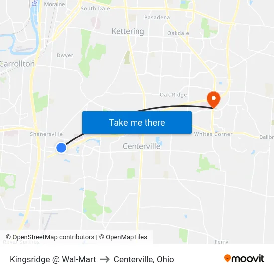 Kingsridge @ Wal-Mart to Centerville, Ohio map