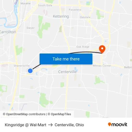 Kingsridge @ Wal-Mart to Centerville, Ohio map