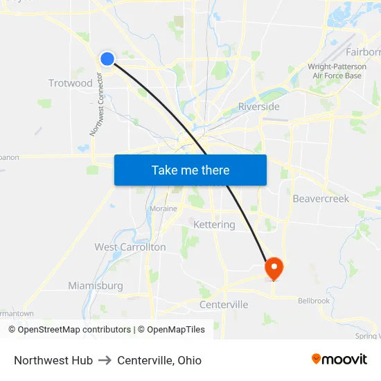 Northwest Hub to Centerville, Ohio map