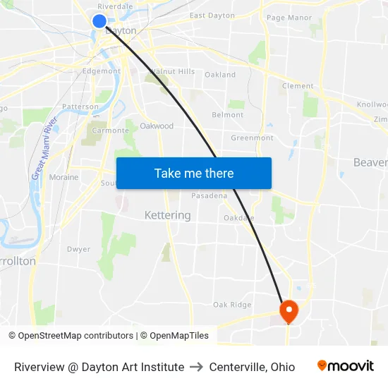 Riverview @ Dayton Art Institute to Centerville, Ohio map