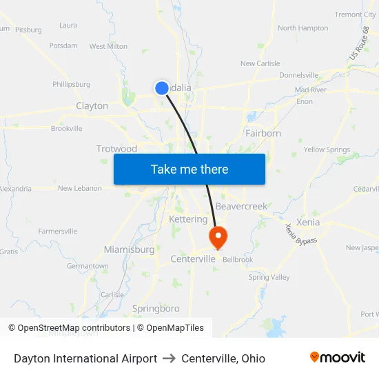 Dayton International Airport to Centerville, Ohio map