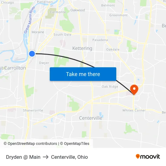 Dryden @ Main to Centerville, Ohio map