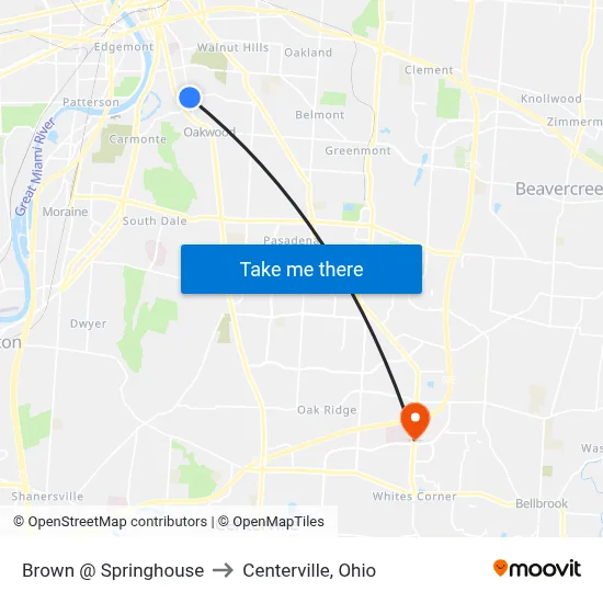 Brown @ Springhouse to Centerville, Ohio map