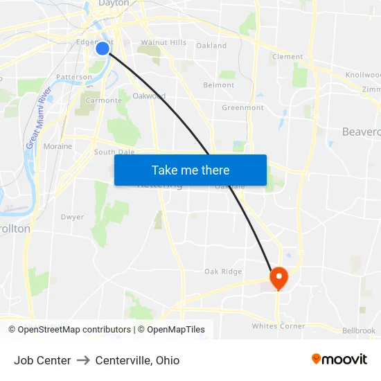 Job Center to Centerville, Ohio map