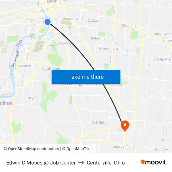 Edwin C Moses @ Job Center to Centerville, Ohio map