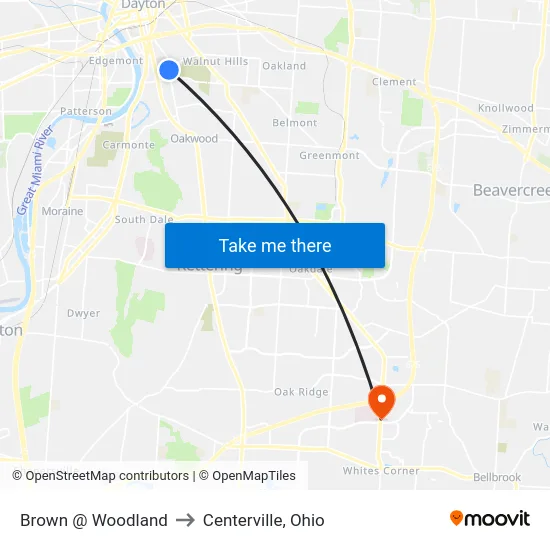 Brown @ Woodland to Centerville, Ohio map