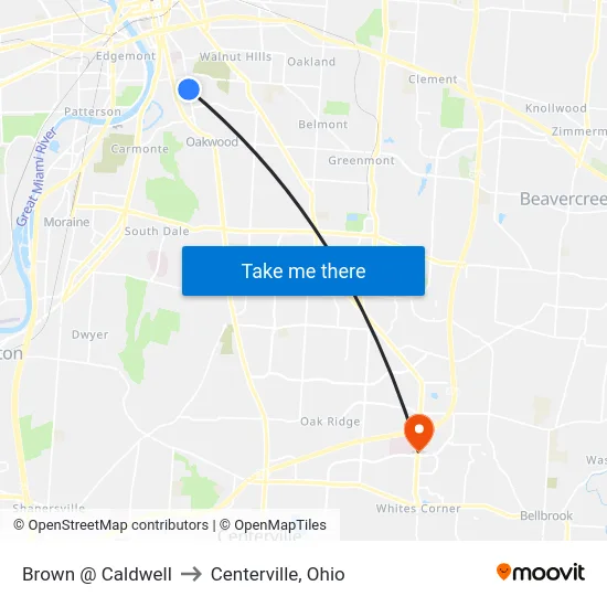 Brown @ Caldwell to Centerville, Ohio map