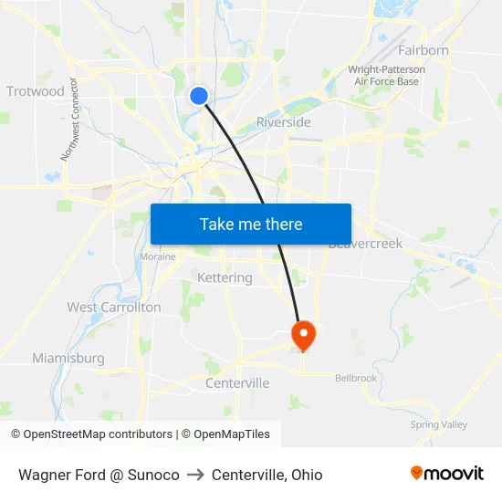 Wagner Ford @ Sunoco to Centerville, Ohio map