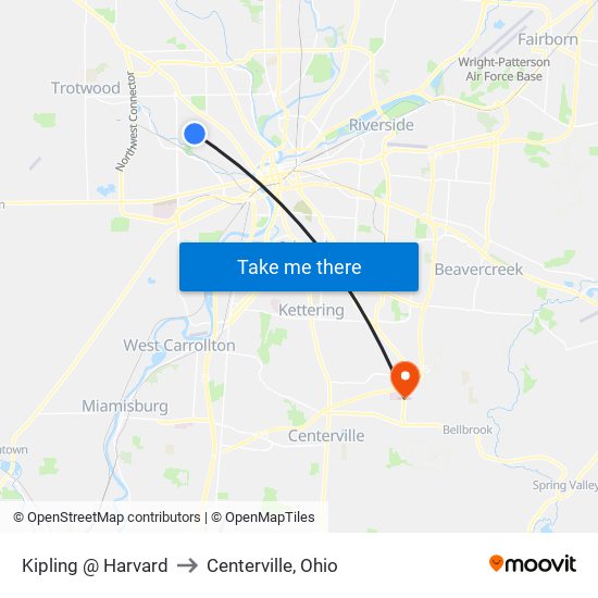 Kipling @ Harvard to Centerville, Ohio map