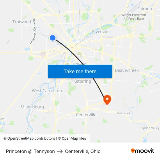Princeton @ Tennyson to Centerville, Ohio map