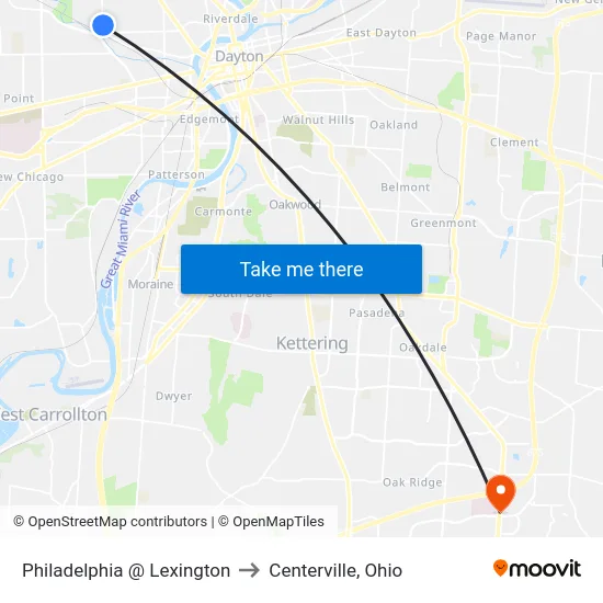 Philadelphia @ Lexington to Centerville, Ohio map