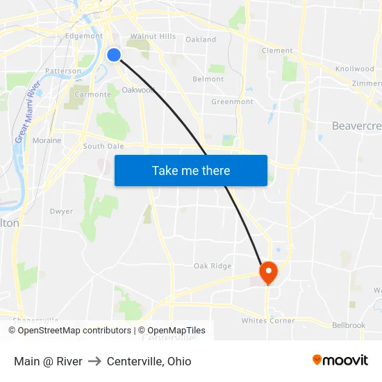 Main @ River to Centerville, Ohio map