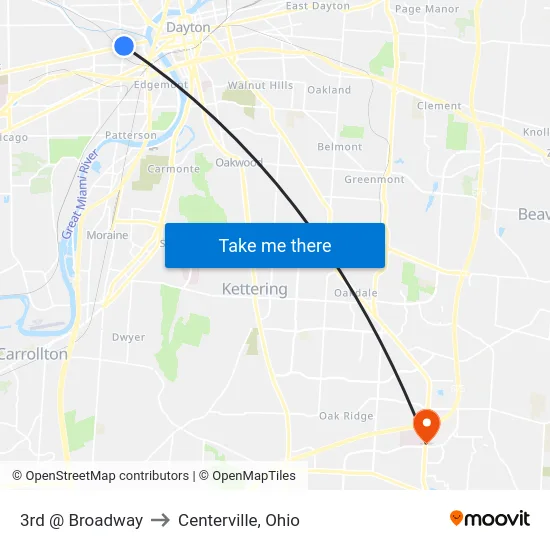3rd @ Broadway to Centerville, Ohio map