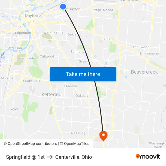 Springfield @ 1st to Centerville, Ohio map