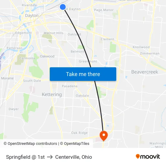 Springfield @ 1st to Centerville, Ohio map