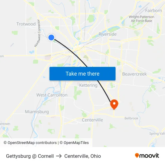 Gettysburg @ Cornell to Centerville, Ohio map