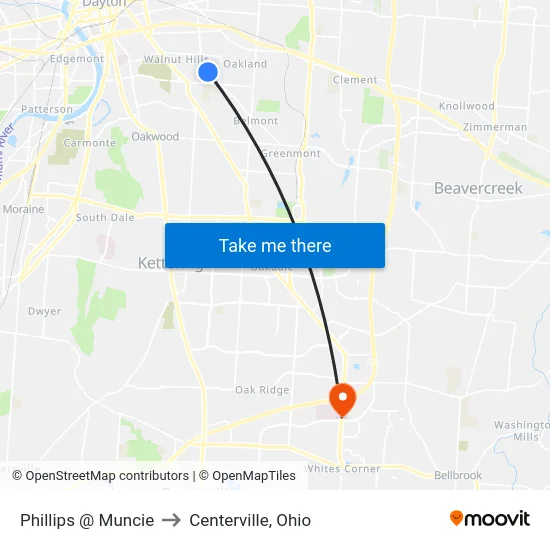 Phillips @ Muncie to Centerville, Ohio map